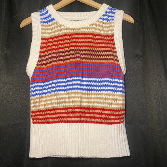 LOFT Sweaters - Loft Multicolor Sweater Vest Womens M Preppy Blue Tan Red Burgundy Stripe EUC